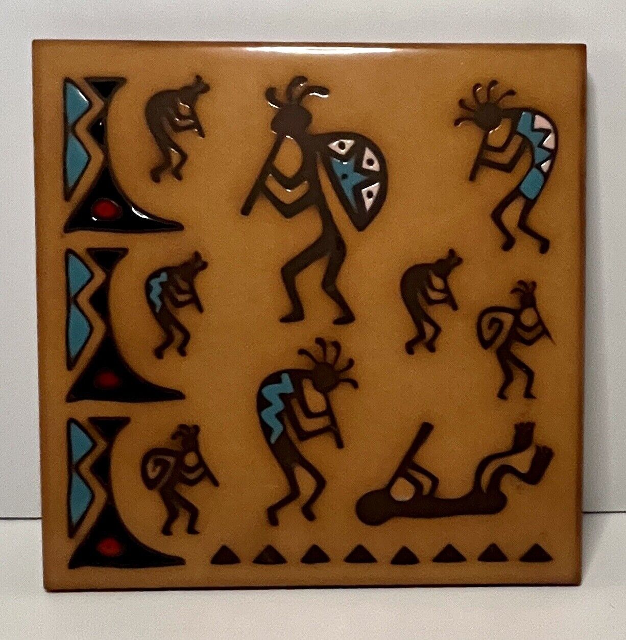 Masterworks Kokopelli Southwest Folk Art Handcrafted Ceramic Tile Trivet 1992 6\