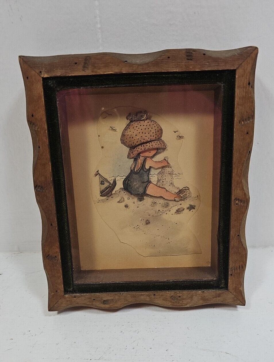 Vtg 70s 3D Picture Holly Hobbie Style Shadowbox Child Sea Shore Beach