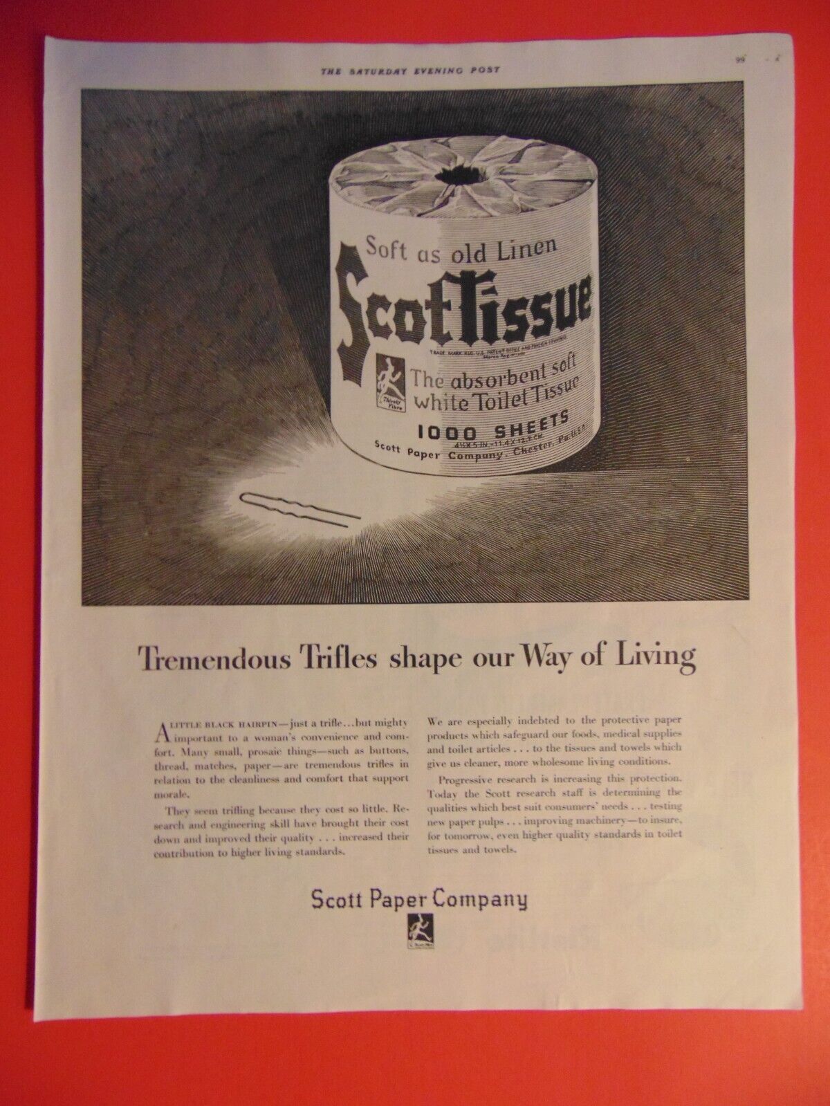 1942 SCOTT Toilet TISSUE Soft as Old Linen vintage print ad