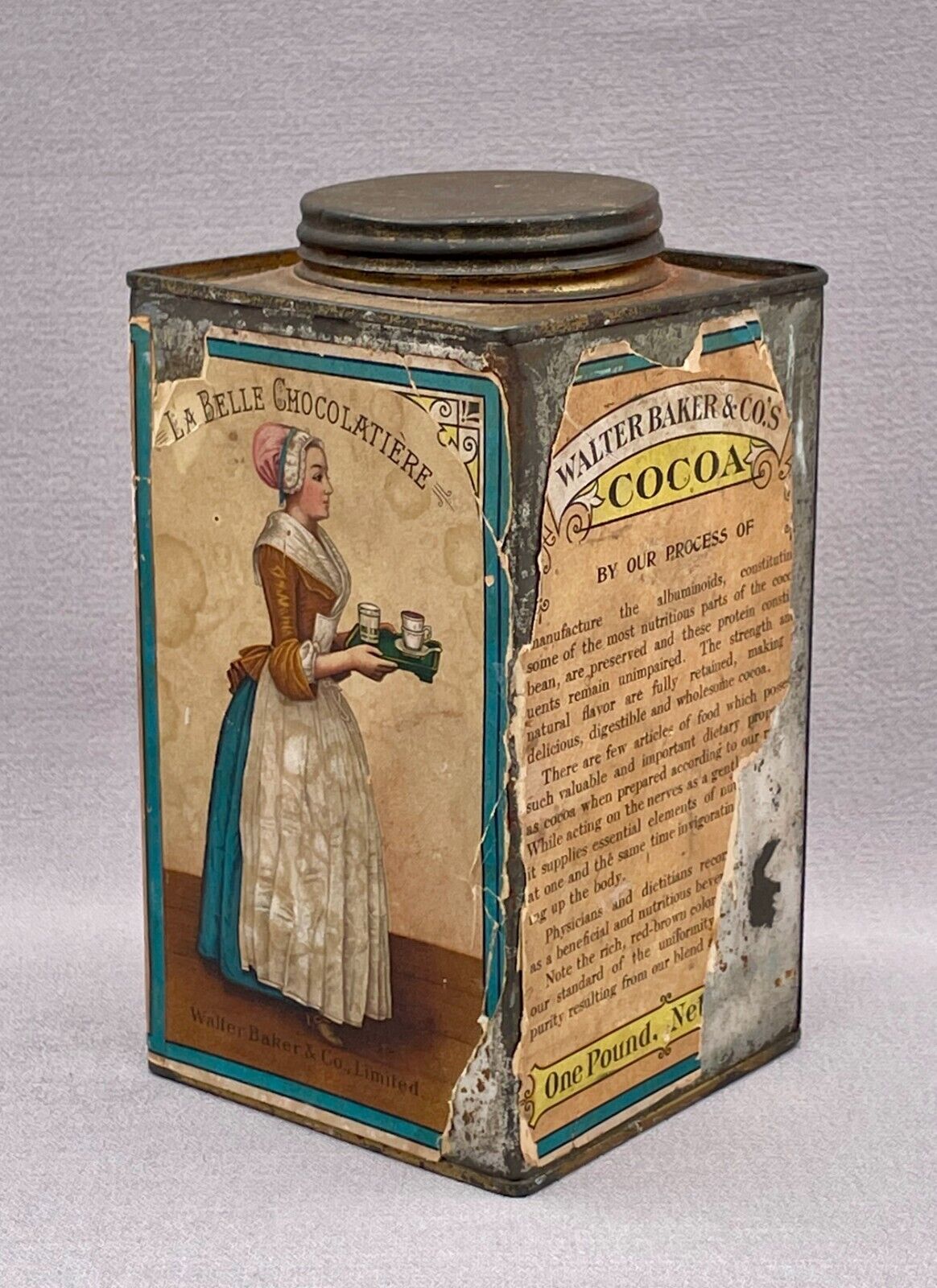 Rare Large Antique Baker\'s \'Breakfast Cocoa\' Canister Tin with Paper Label