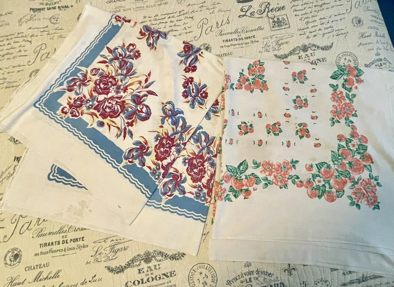 Lot of 2 Vintage 1950's Tablecloths, Great for Cottage, Shabby Chic decor fabric