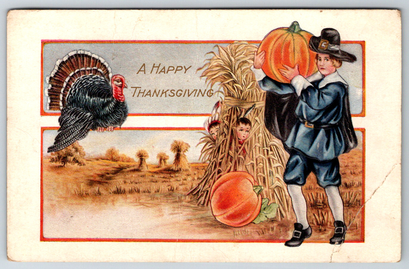 c1910s Happy Thanksgiving Turkey Embossed Antique Postcard