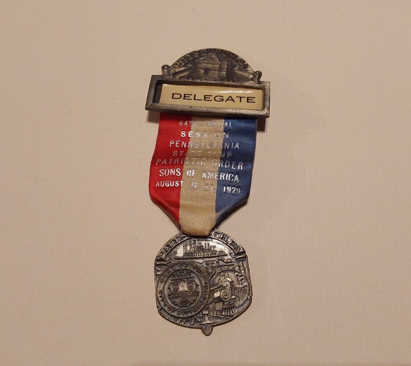 Pittsburgh PA 1929 P.O.S. of A. PA Convention Badge Medal Sons of America