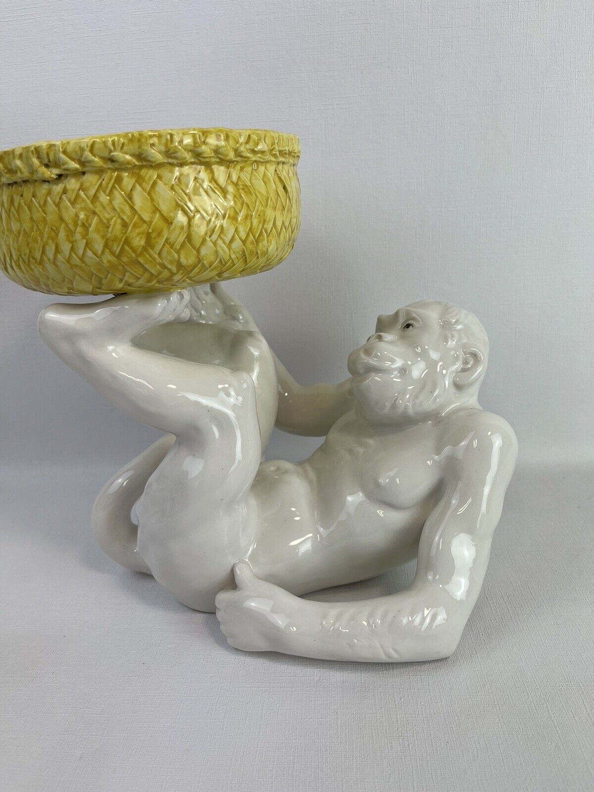 Mid Century Rare Porcelain Monkey with Bowl Planter