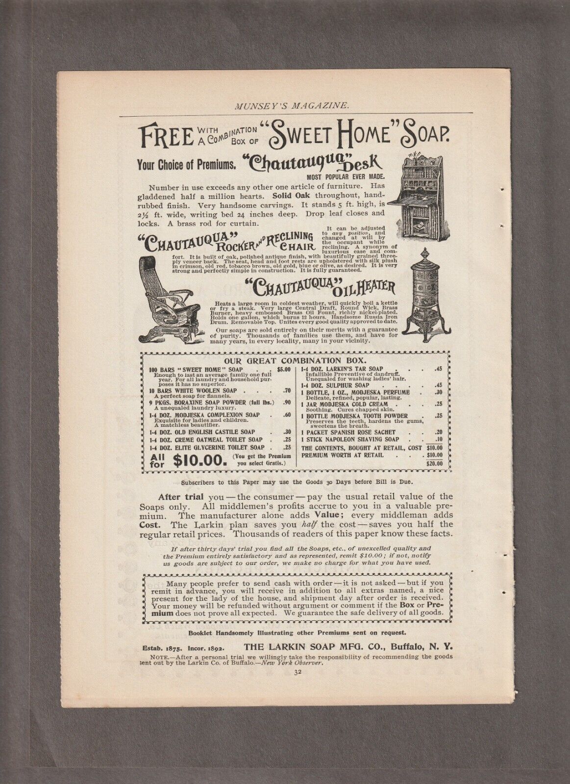 1895 LARKIN SOAP/BUFFALO, NY. Magazine AD~SWEET HOME~Price List~FREE DESK/Rocker