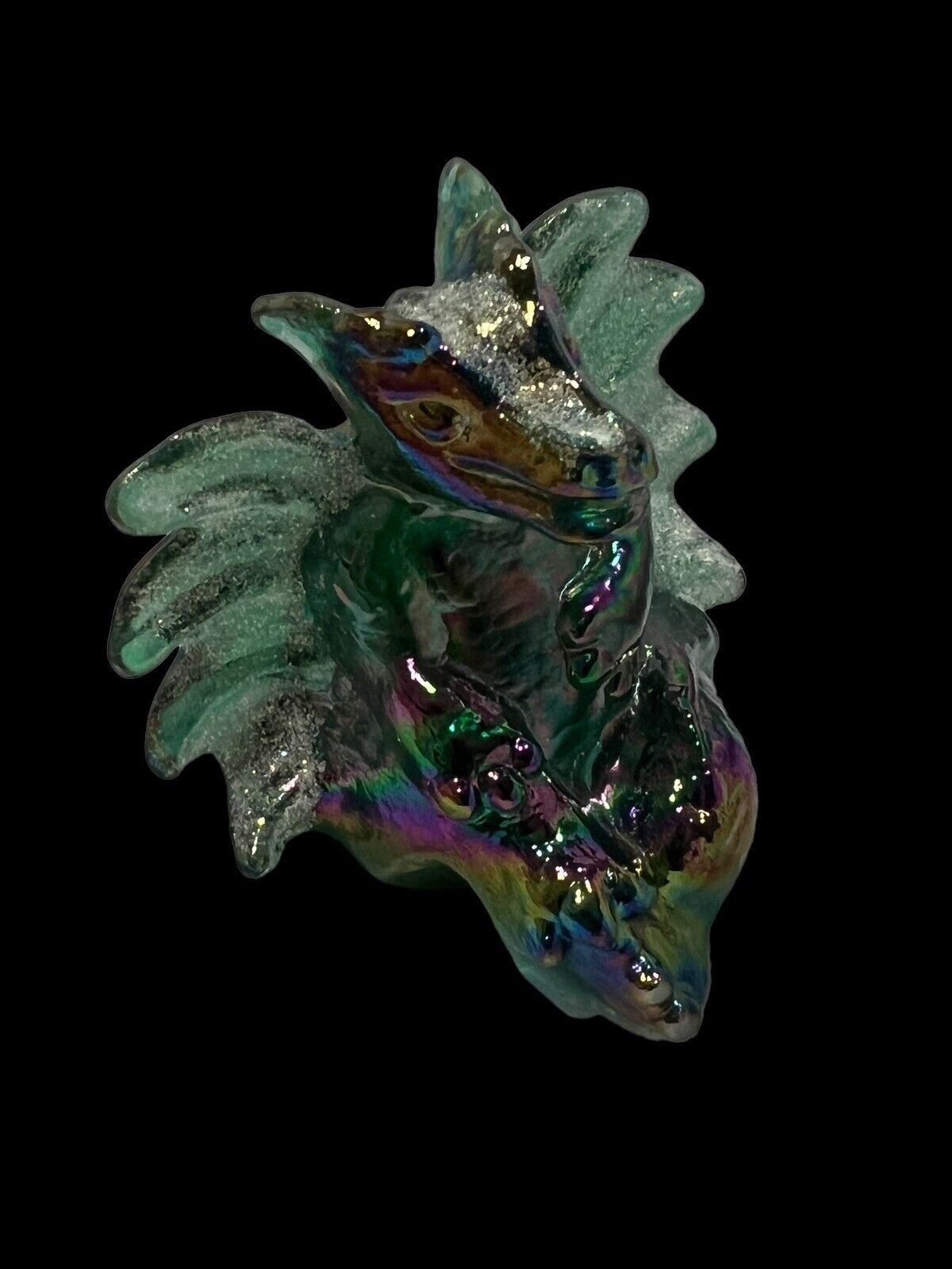 Fenton Glass Signed Dragon Teal Green Carnival Glitter Fritt 3.25” HTF
