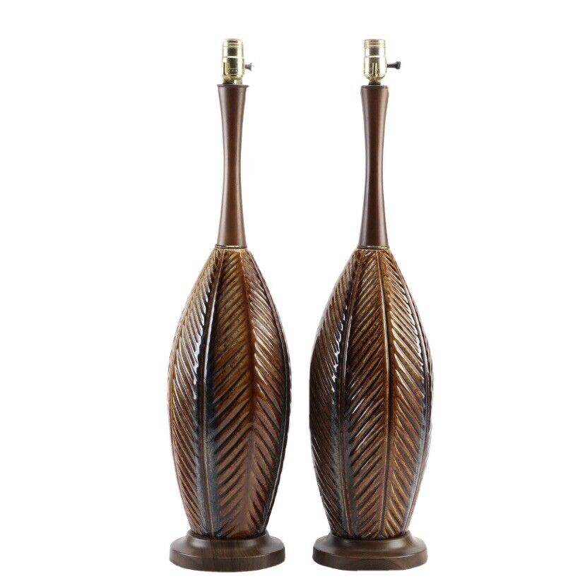 Mid Century Palm Leaf Ceramic Working Table Lamps. Mid To Late 20 Century