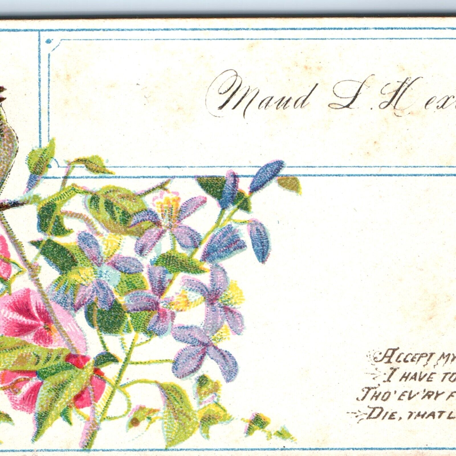 c1880s Name Calling Card Maud L Dexter Trade Card Bird Poem \
