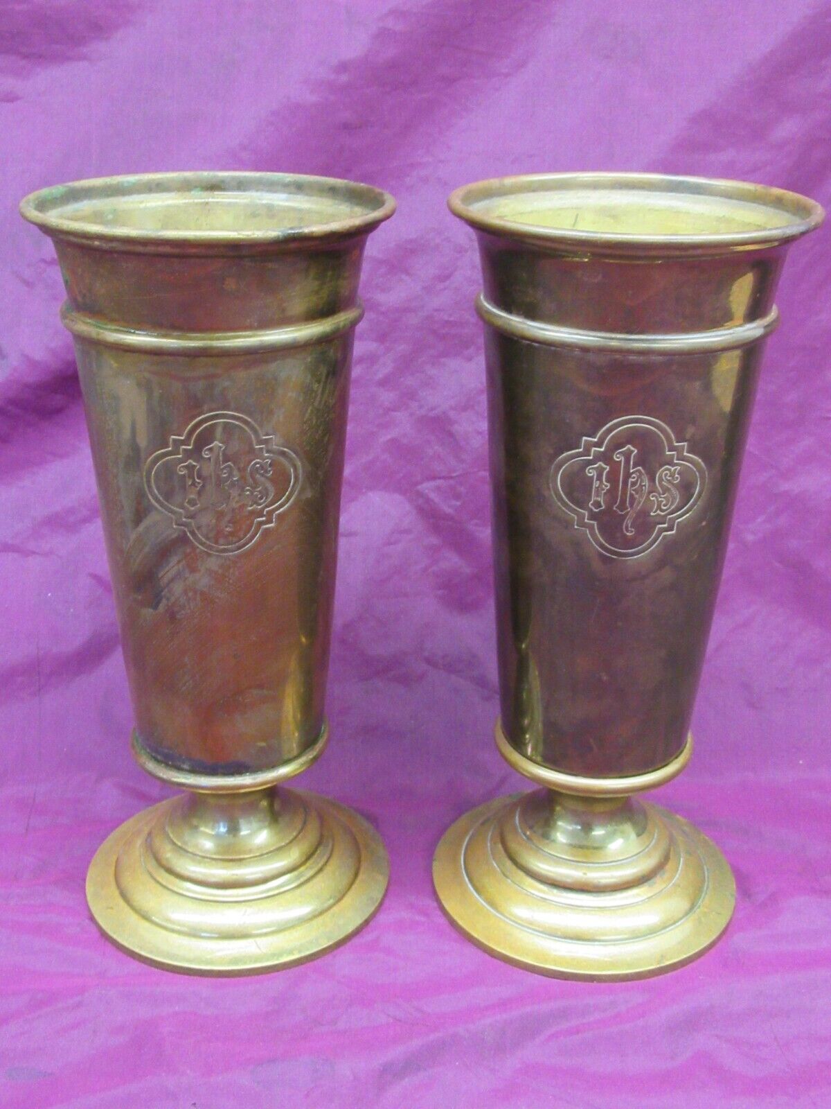 Antique Pair Rostand IHS Church Altar weighted brass trumpet vase 10.75\