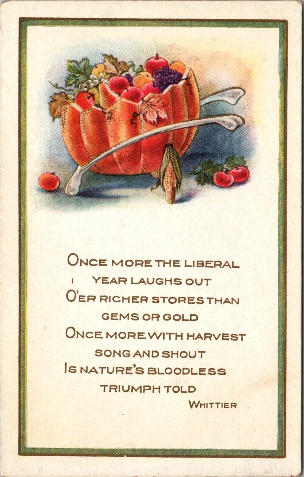 Thanksgiving Greeting Embossed Pumpkin Wishbone Whittier Whitney Made Postcard