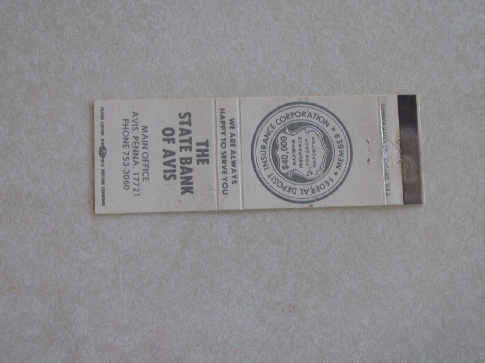 L382 vintage Matchbook cover PA Pennsylvania State Bank of Avis 