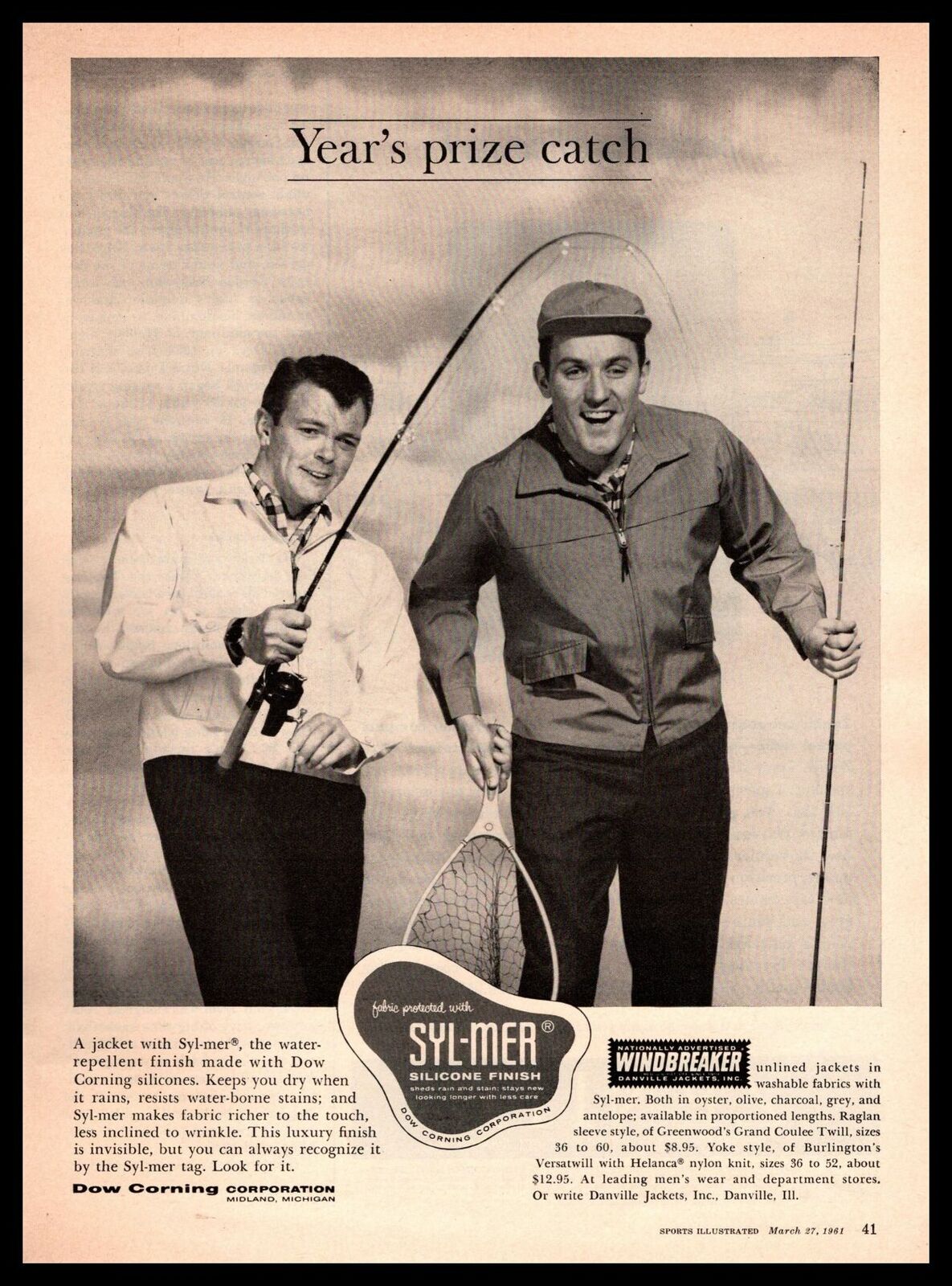 1961 Syl-Mer Silicone Finish Dow Corning Windbreaker Jacket Fishing Net Print Ad