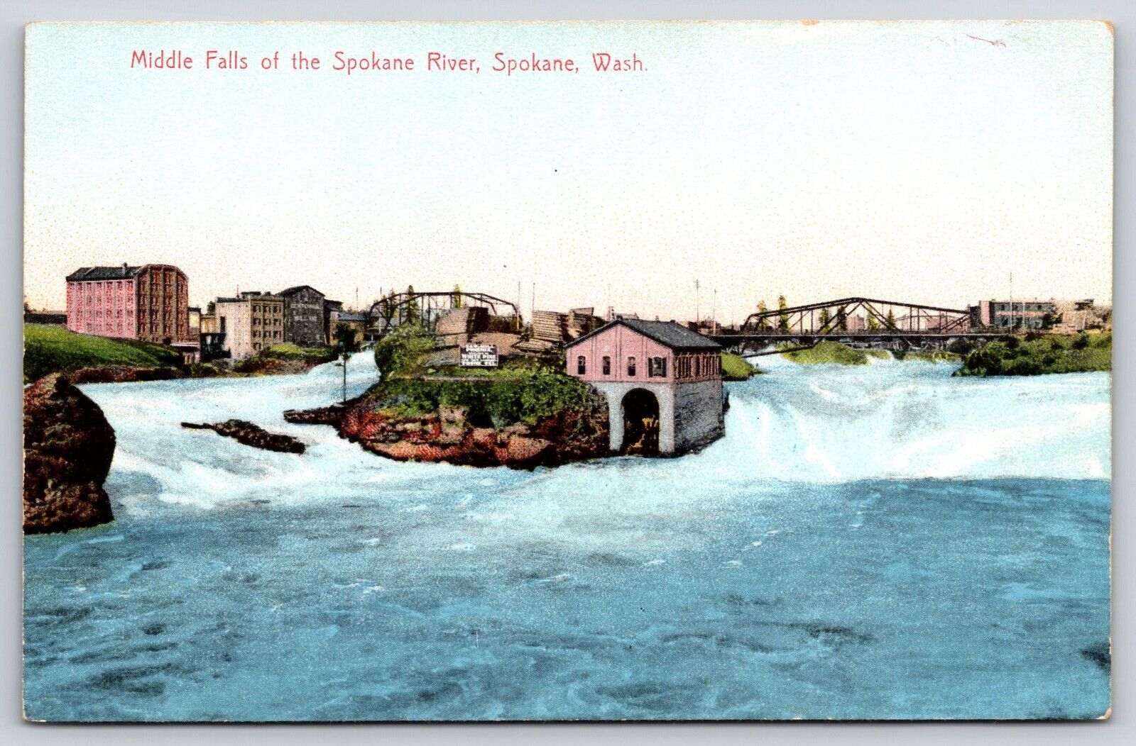 Old Antique Vintage Postcard Middle Falls Of Spokane River Spokane Washington