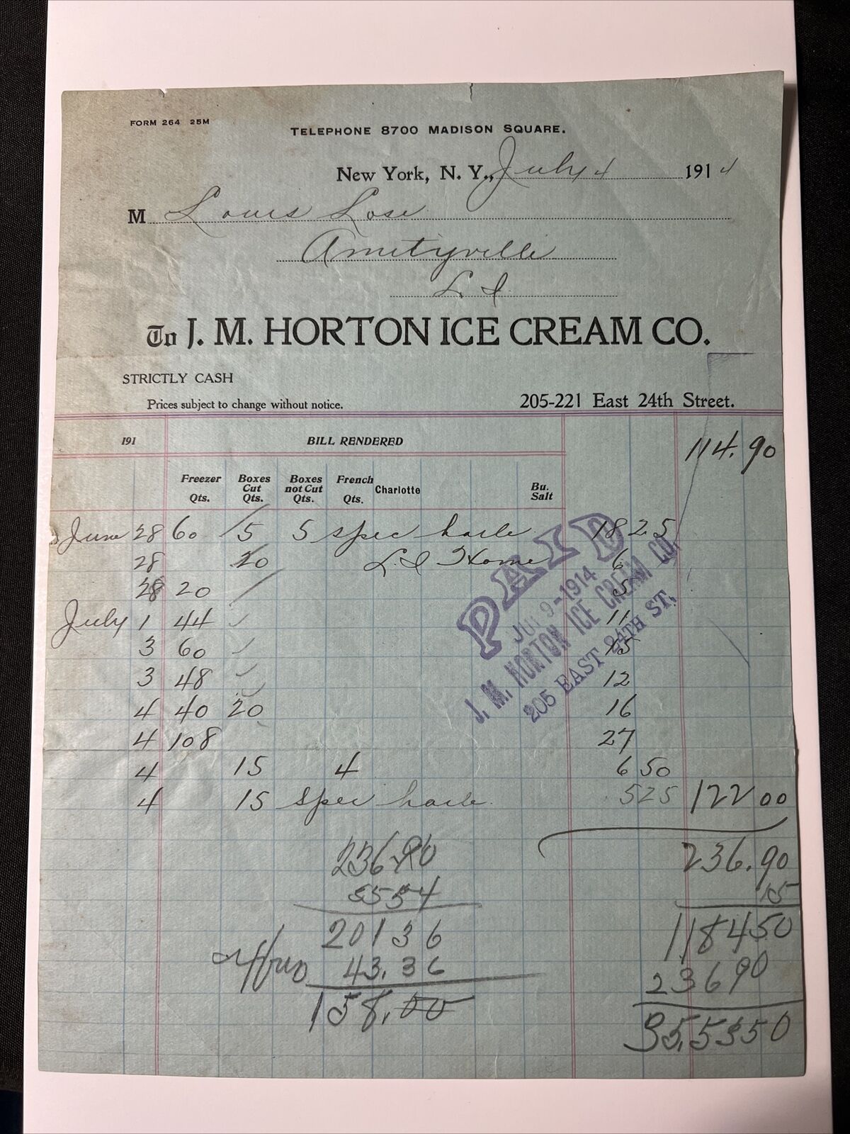 antique 1914 AMITYVILLE Long Island New York J.M. Horton ICE CREAM Co Bill Head