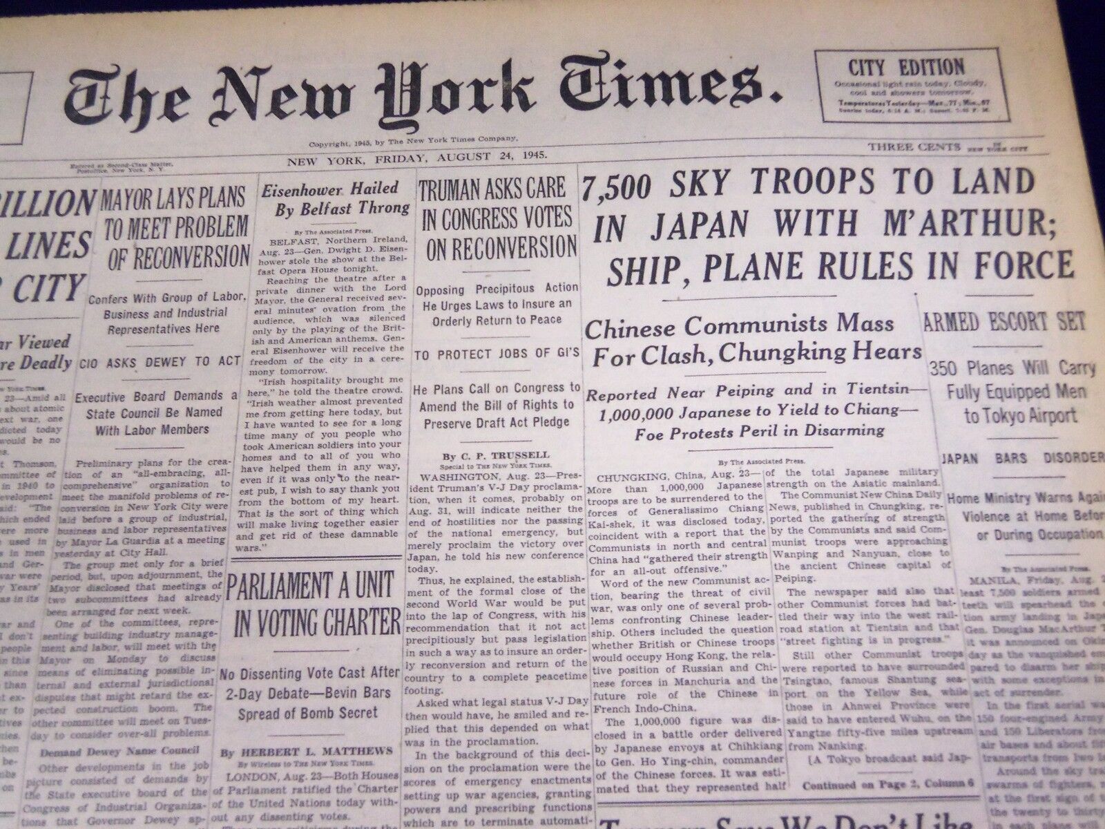 1945 AUG 24 NEW YORK TIMES - 7,500 SKY TROOPS TO LAND IN JAPAN M\'ARTHUR - NT 507