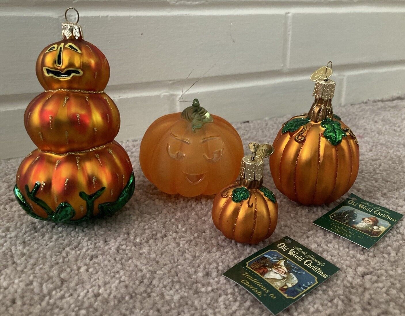 4 Glass Halloween Ornaments Old World Christmas Jack O Lantern Pumpkin Glass
