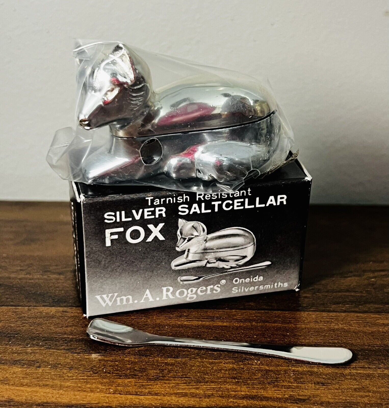 Wm A Rogers Vintage Onieda Silver Plate Fox Salt Cellar With Spoon & Box NEW