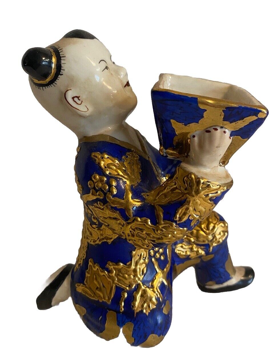 Vintage Ceramic Chinese Kneeling Man Open Salt Cellar