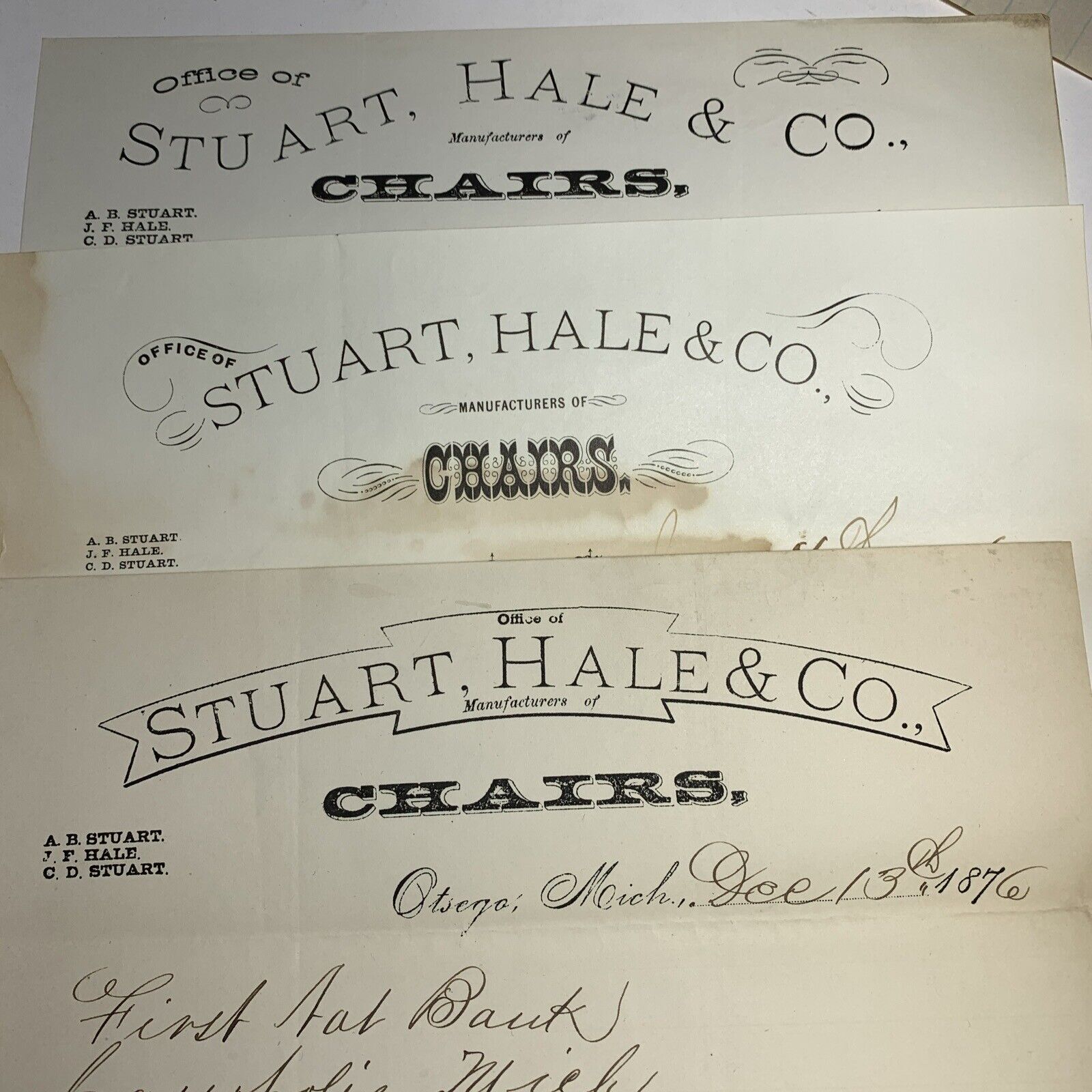 3 Diff Stuart Hale Manufacturer Chairs Letterhead Otsego Michigan 1870’s