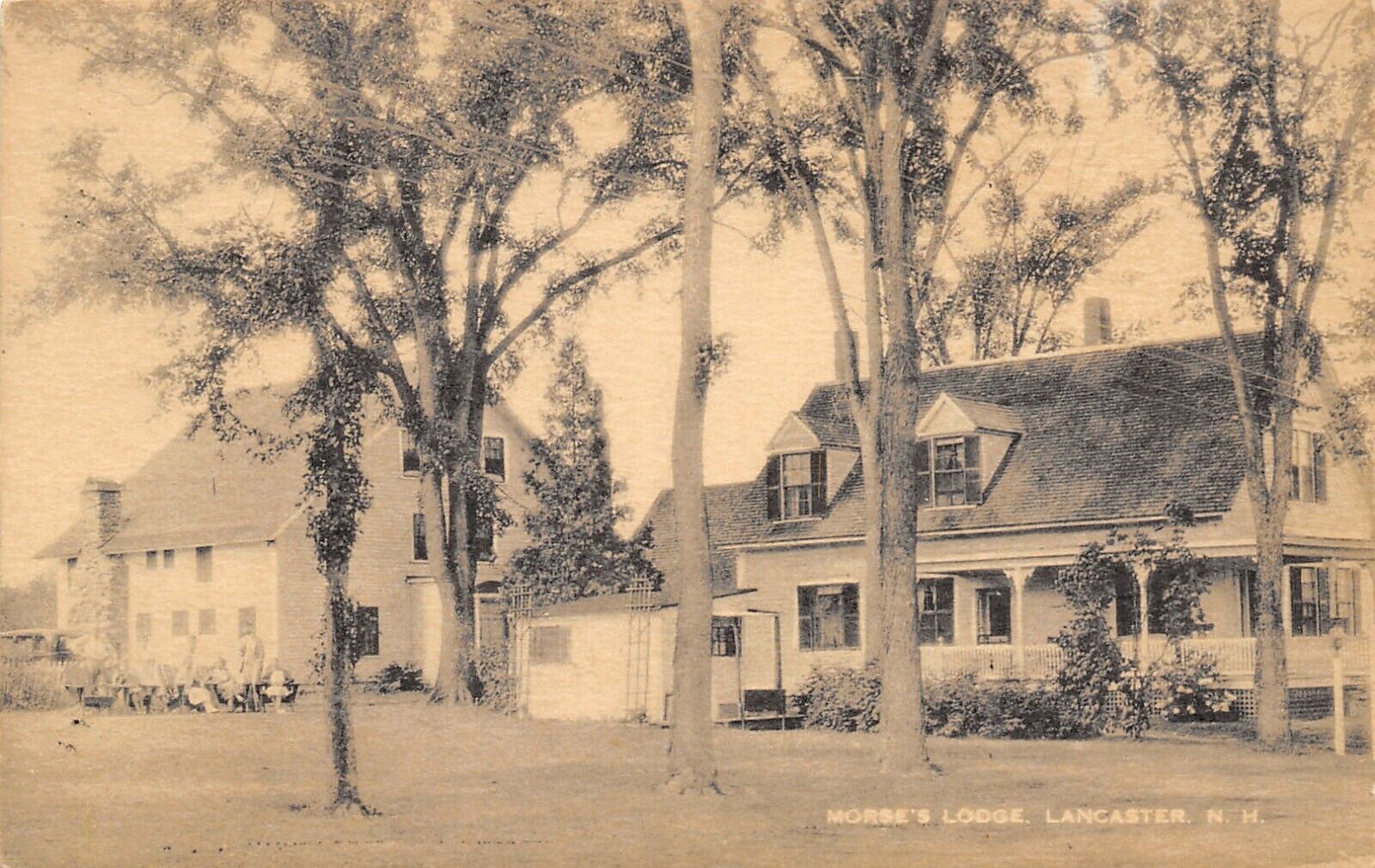 Lancaster NH~Morse's Lodge~Old Inn~Guests Lined Up in Lawn Chairs~1930s Sepia PC