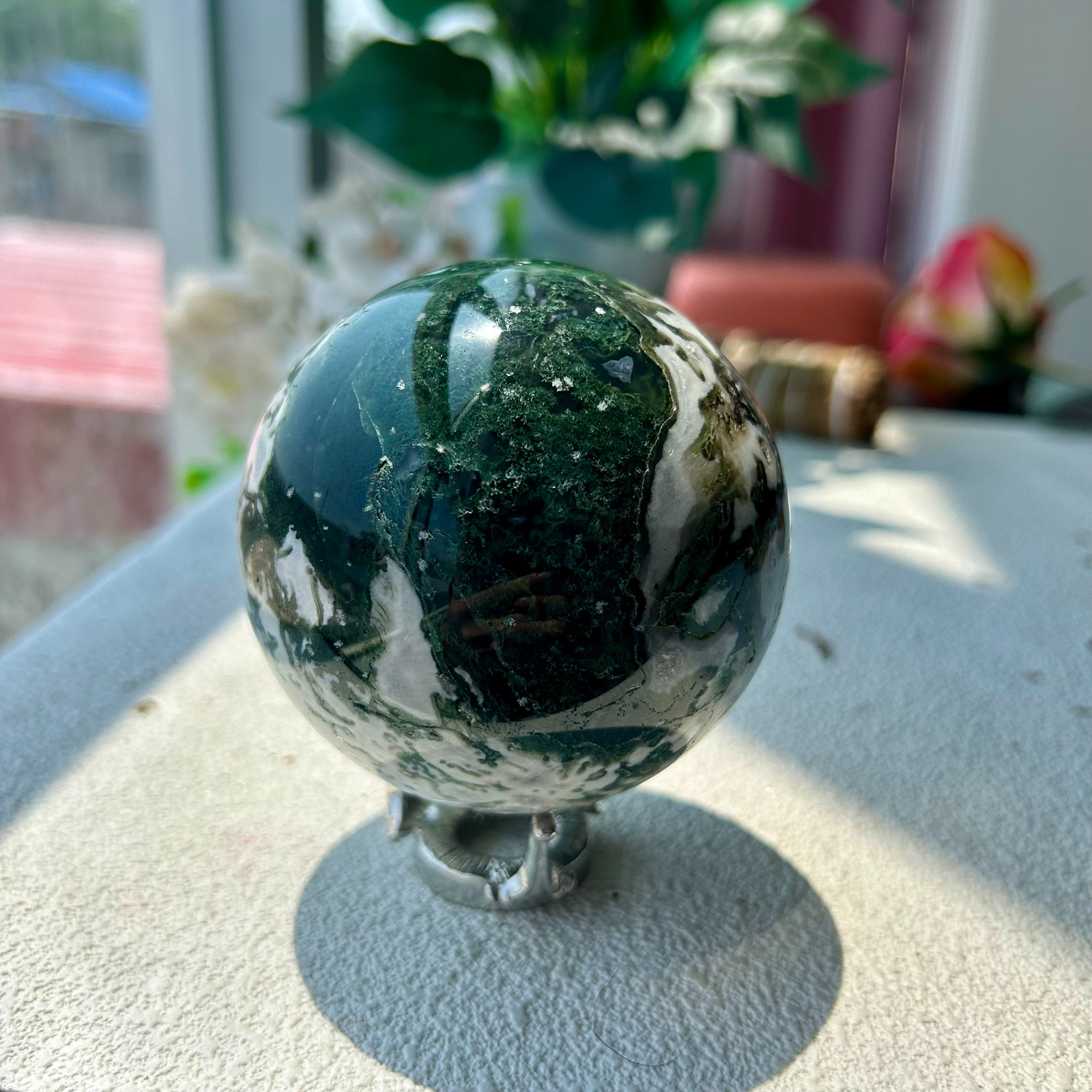 590g Natural Moss Agate Sphere Quartz Crystal Ball Healing Display 76mm 70th