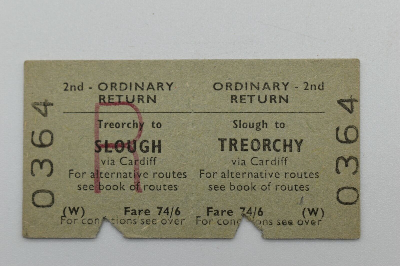BTC (W) Railway Ticket 0364 Slough to Treorchy 2nd class