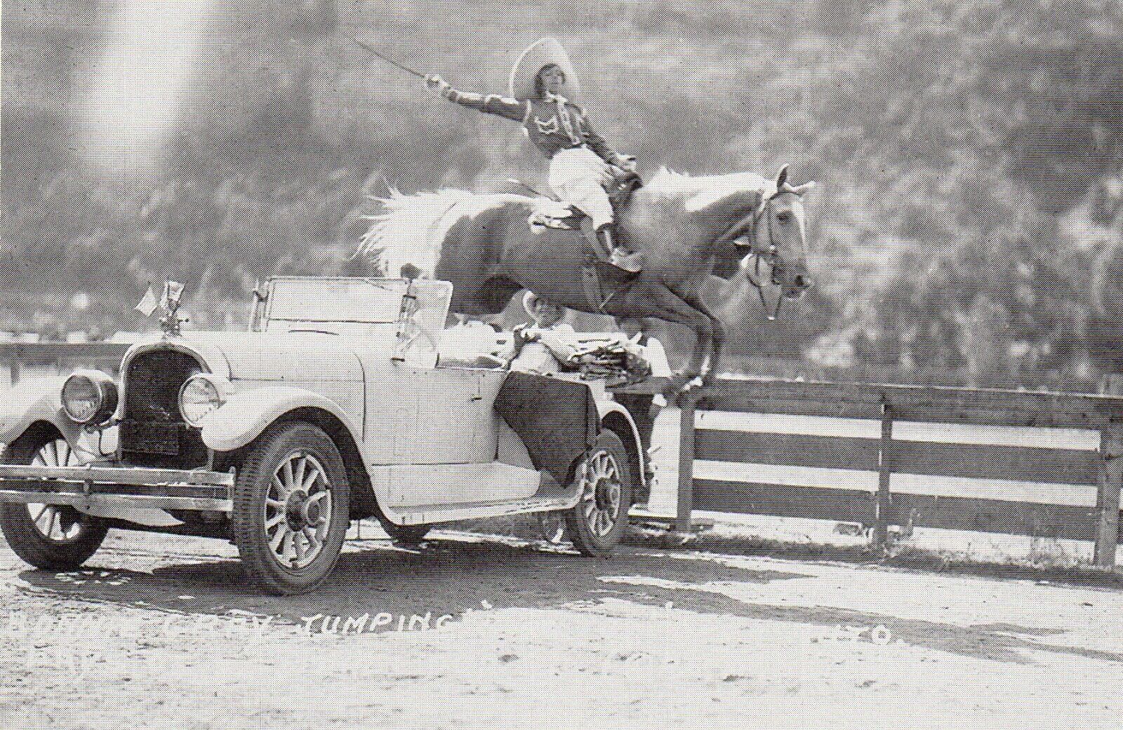 Bonnie Gray Jumping Her Horse King Tut Over A Car Cowgirl Ralph Doubleday 1999