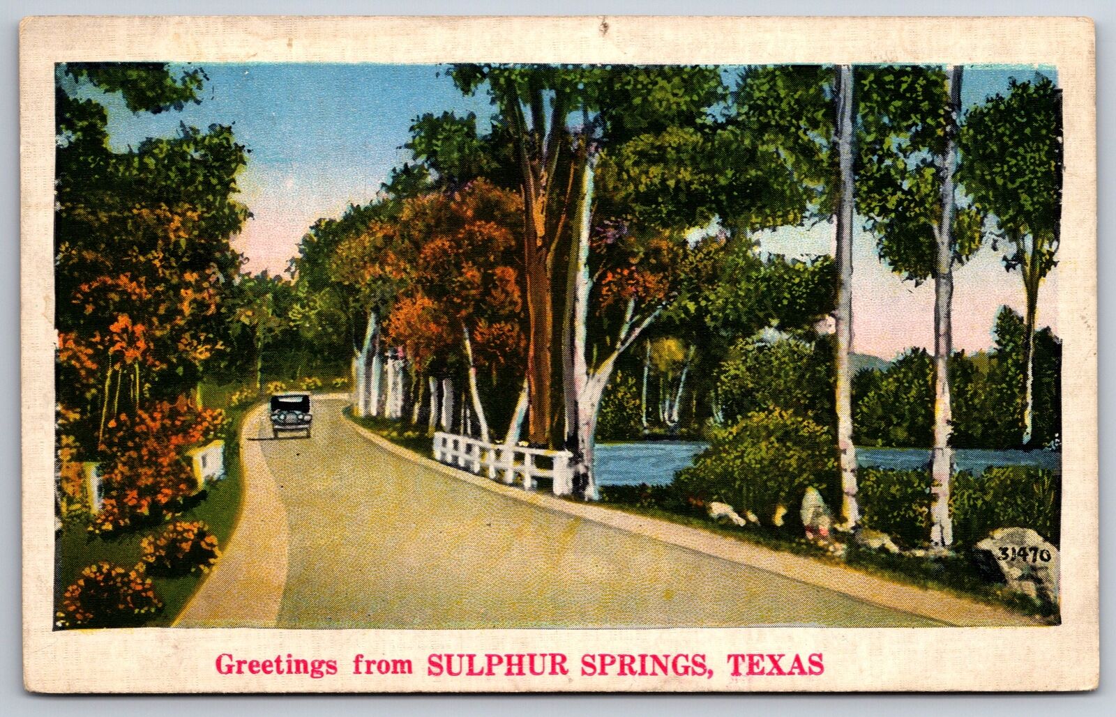 Greetings From Sulphur Springs Texas~Roadside Scene~PM 1936~Vtg Linen Postcard