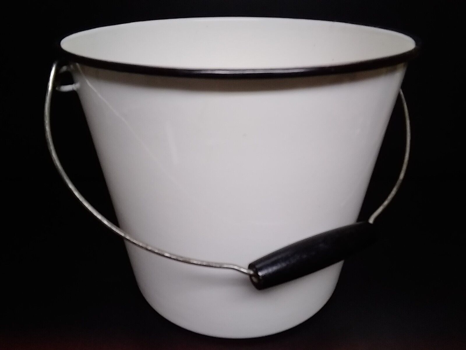 Vintage White Porcelain Enamel Milk Bucket With Black Wooden Handle 9.5\