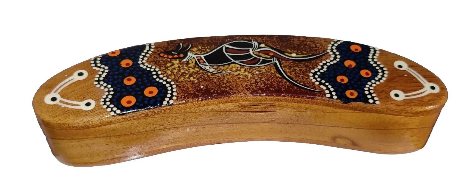 VTG Australian Hand Painted Box Wooden Lid Boomerang Shape Kangaroo 