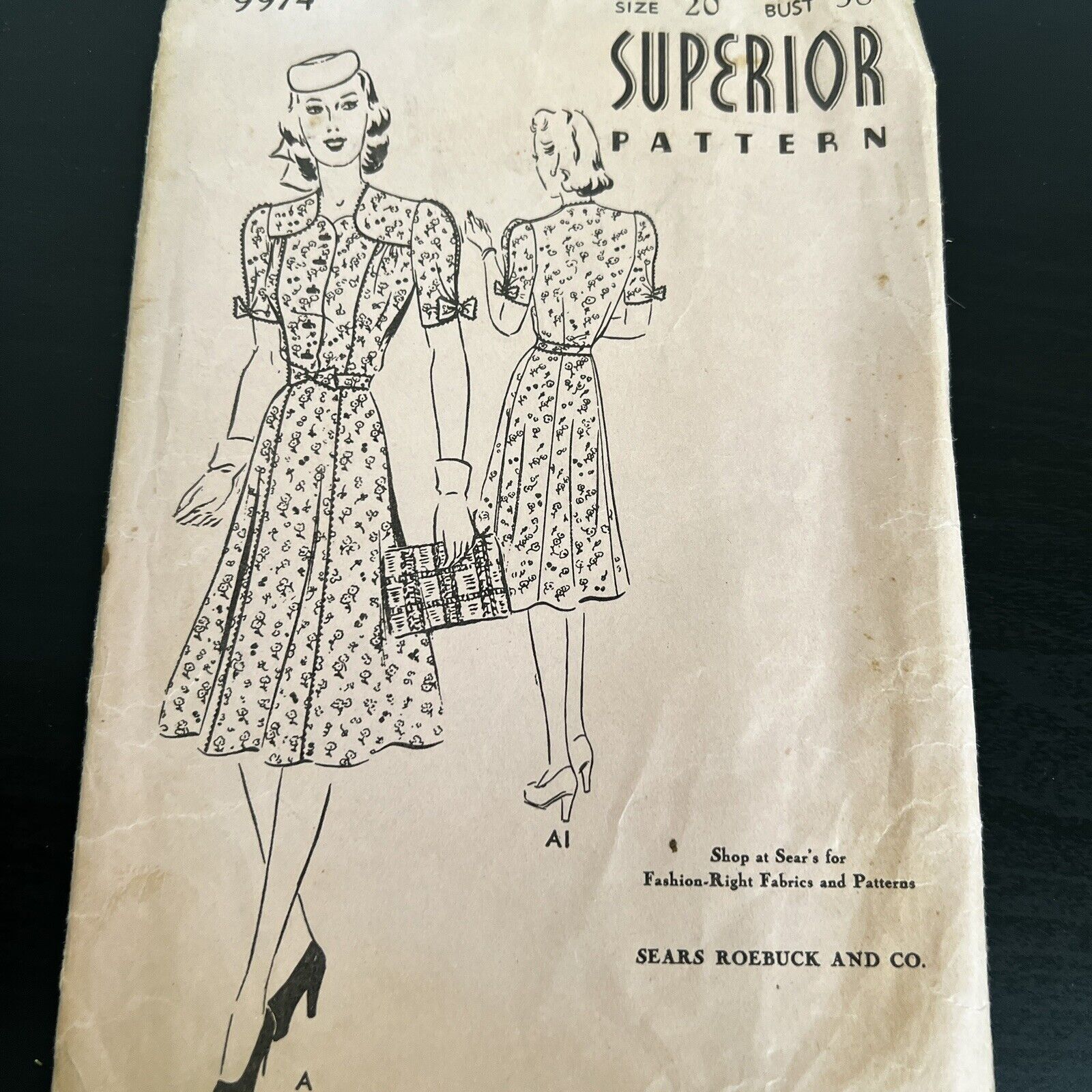 Vintage 1930s Superior 9974 Bow Sleeve Belted Dress Sewing Pattern 20 L/XL USED