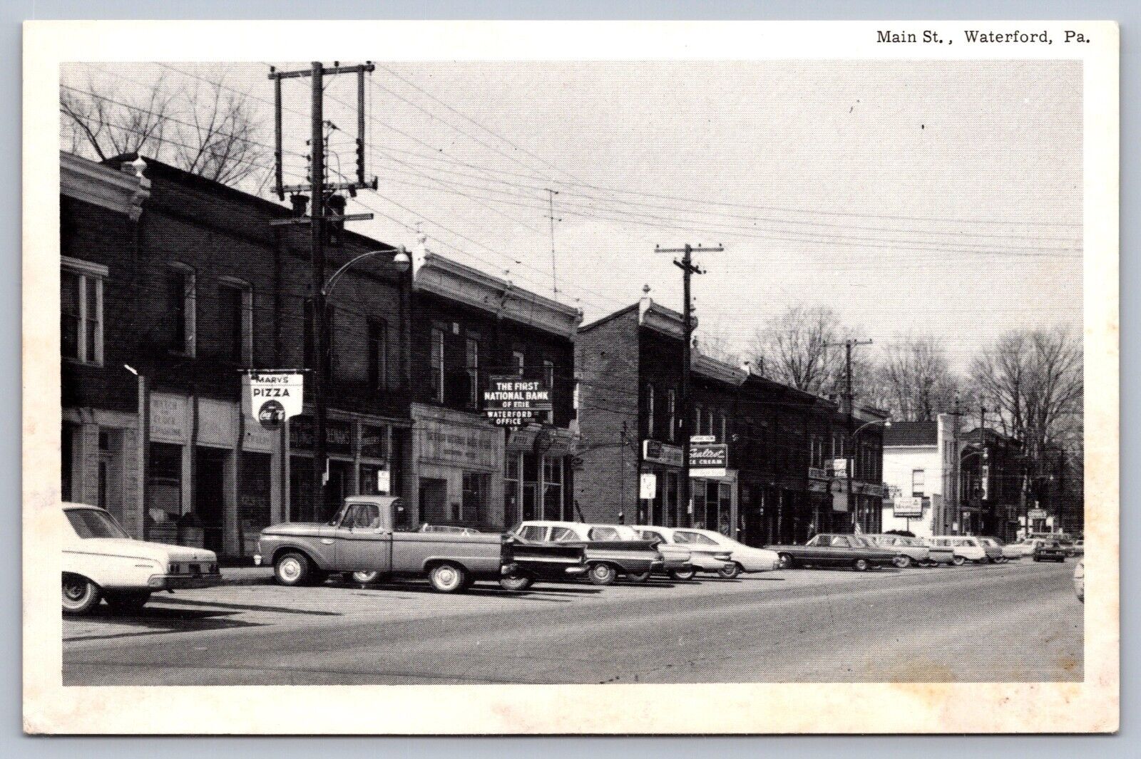 Postcard Waterford PA Main Street Old Cars Storefronts Coca-Cola