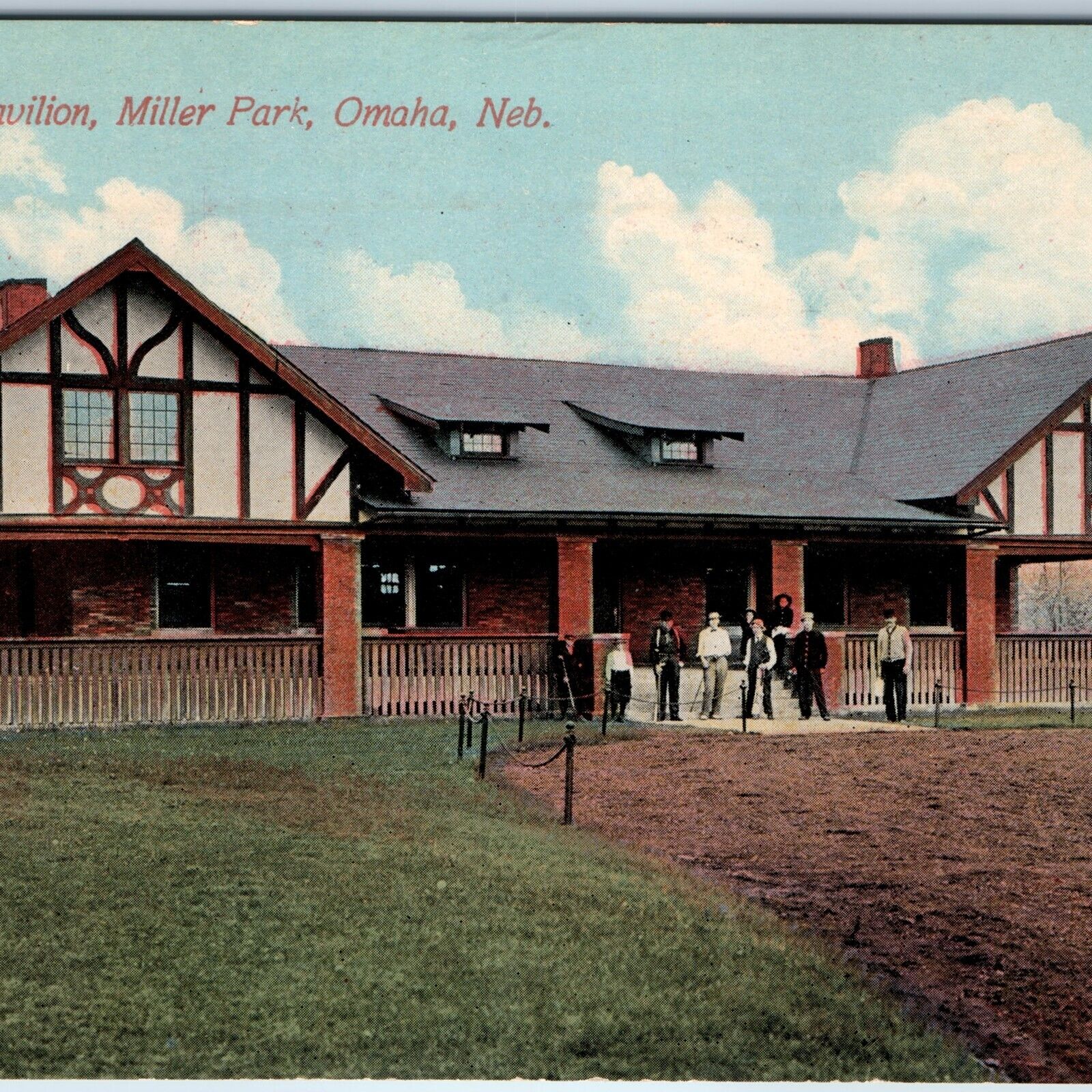 c1910s Omaha, Neb. Miller Park Pavilion Crowd Young Men Gabled Acmegraph NE A205