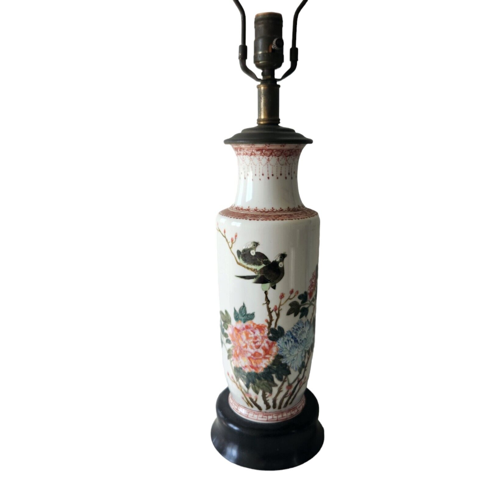 Vintage Antique Chinese Table Lamp Stamped Floral Handpainted