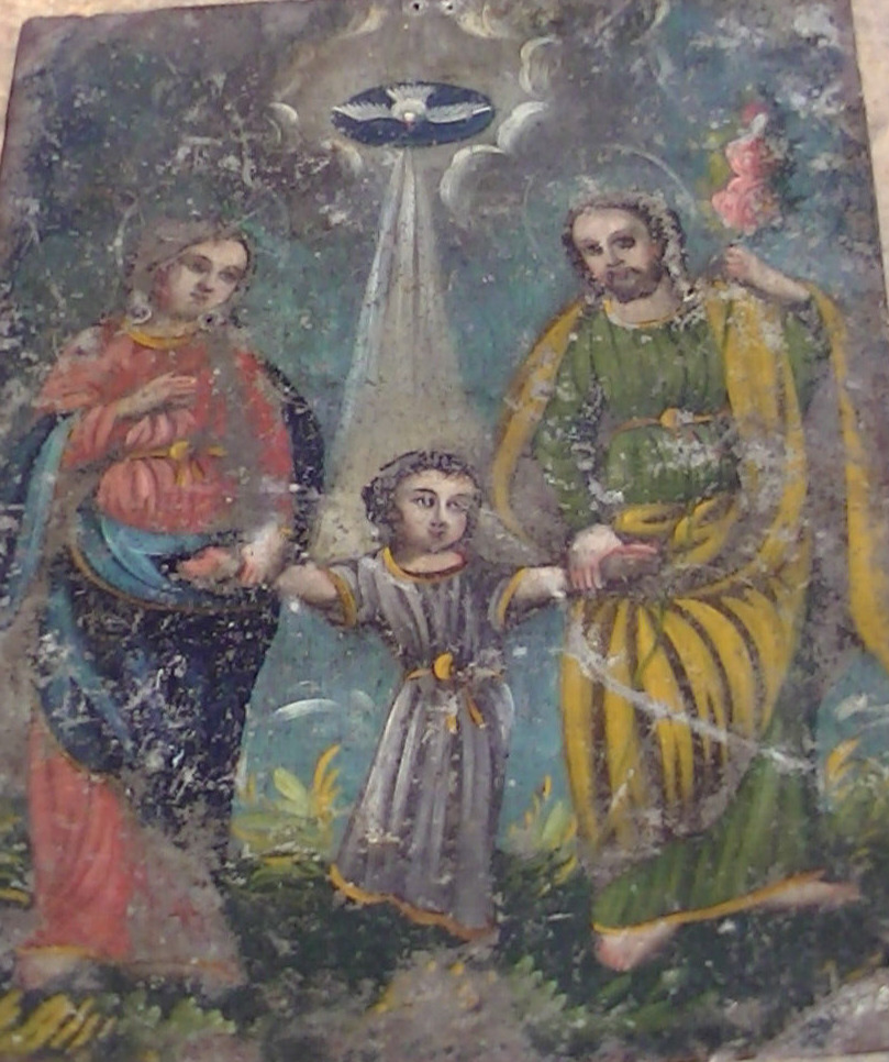 18th To 19th Century Retablo Painting On Tin Jesus, Mary & Joseph 10\