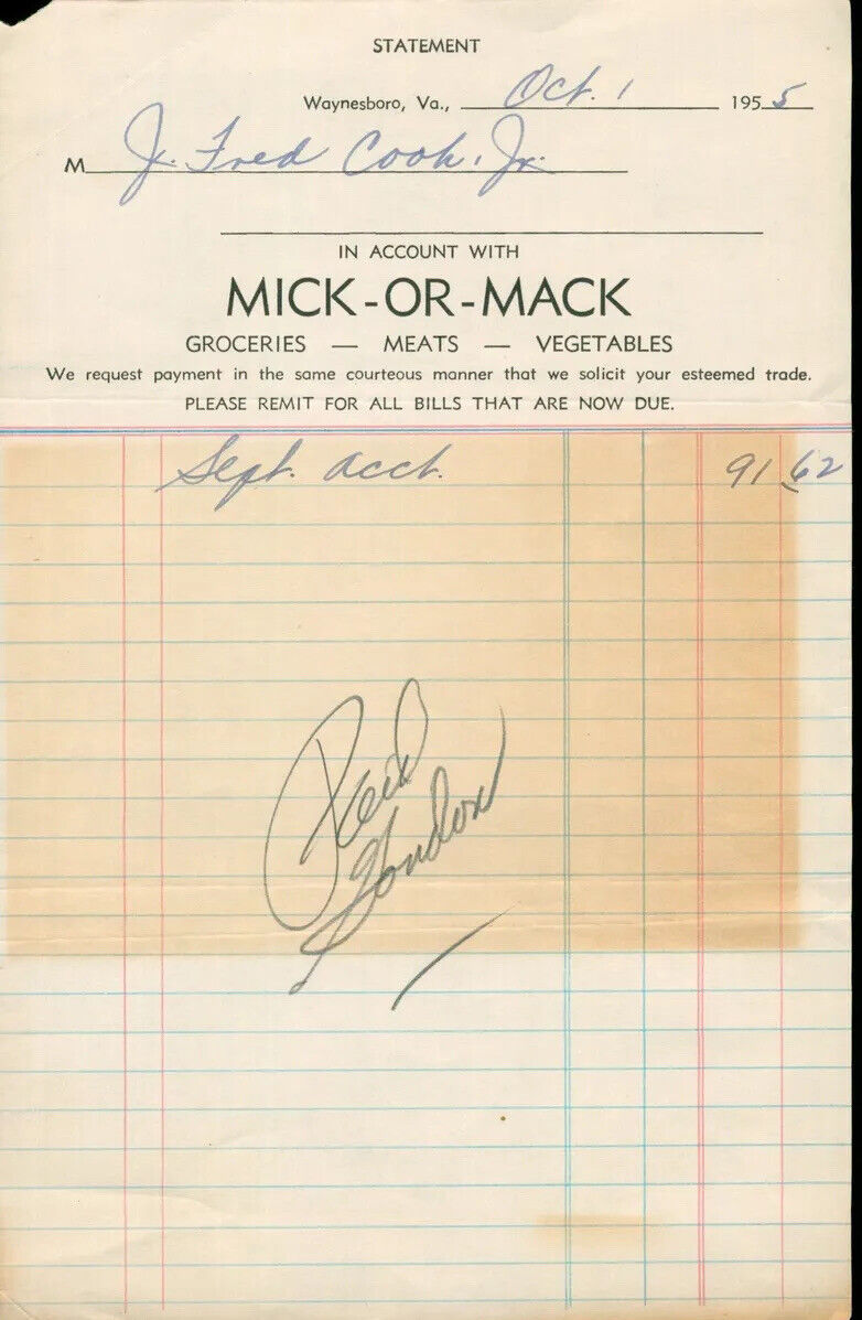 1955 Mick or Mack Waynesboro VA Billhead Groceries Meats Vegetables Cook Gordon
