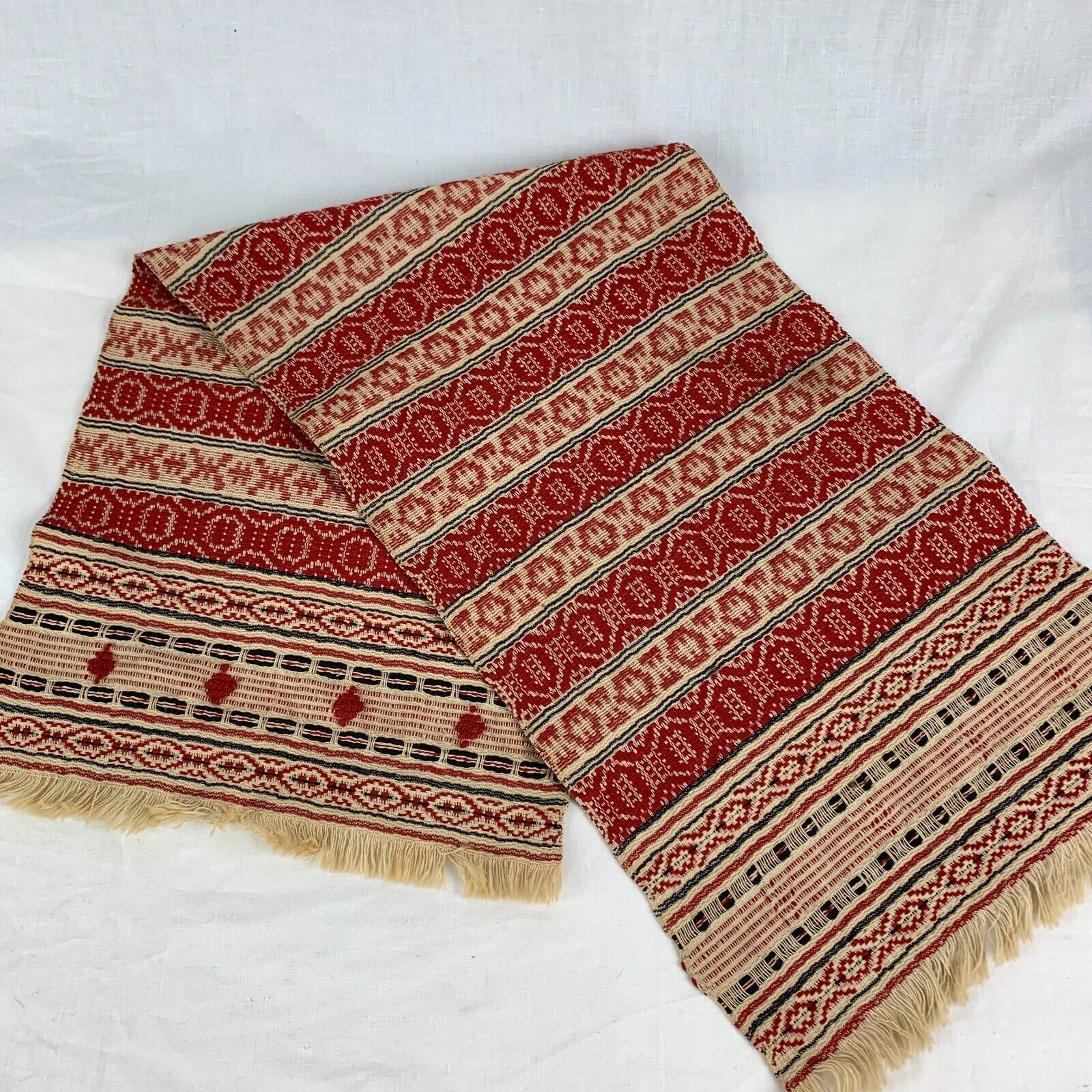 Hand Woven Table Runner Red and Beige Ethnic Geometric Stripes Excellent