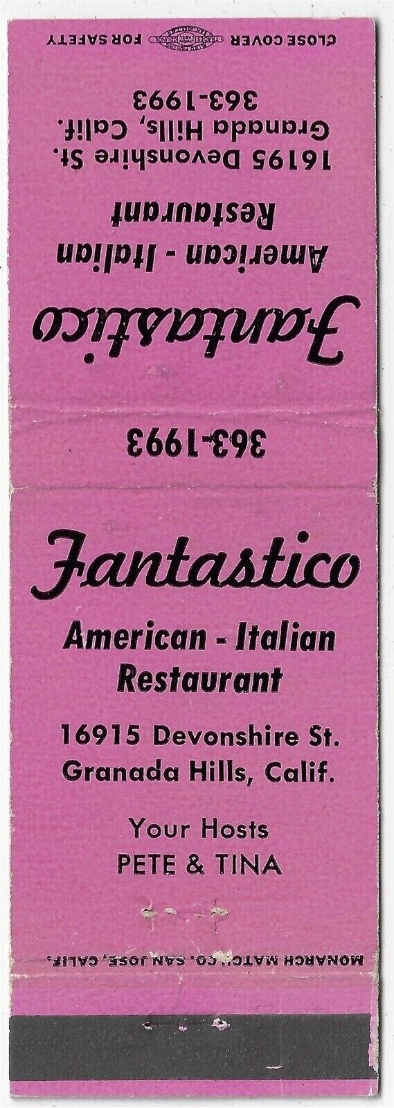 Fantastico American Italian Restaurant Granada Hills Calif.   Empty Matchcover
