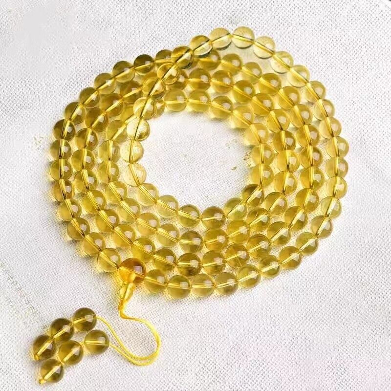 Natural Lemon  Citrine Quartz Crystal Prayer Beads 108 Stretch Bracelet AAAA