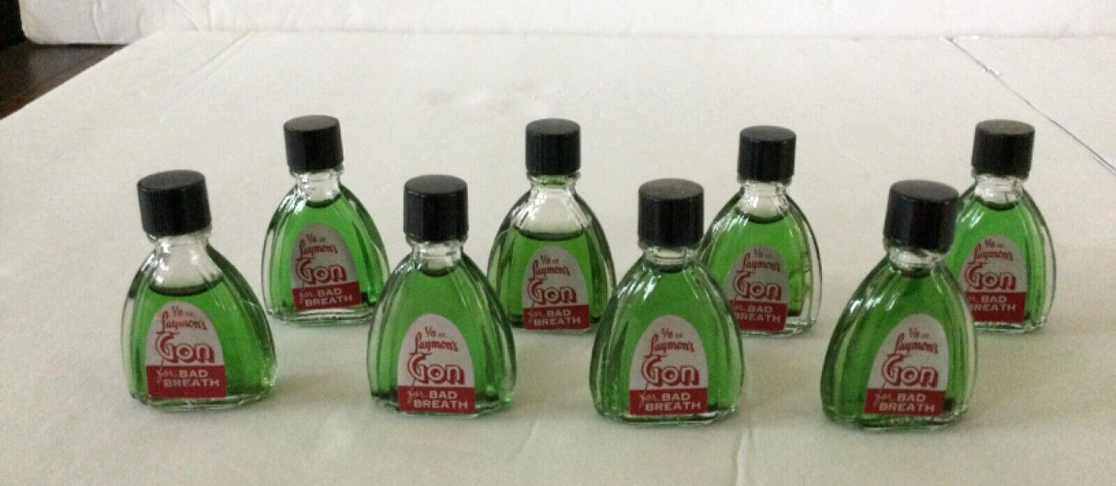 Vintage lot of 8 Laymon\'s GON Bad Breath Bottles Spencer Indiana