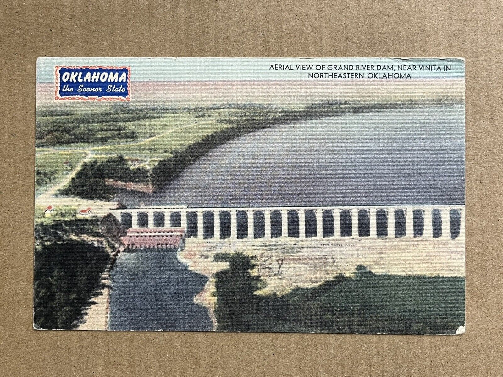 Postcard Vinita Oklahoma Grand River Dam Aerial View Vintage Linen OK PC