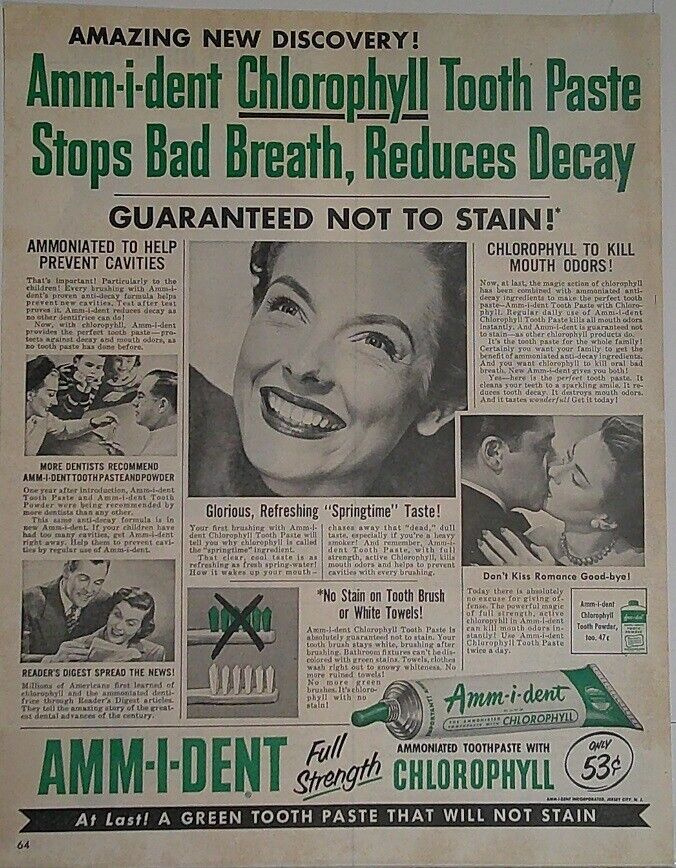 1952   AMM-I-Dent Full Strength toothpaste with CHLORPHYLL   Vintage Magazine Ad