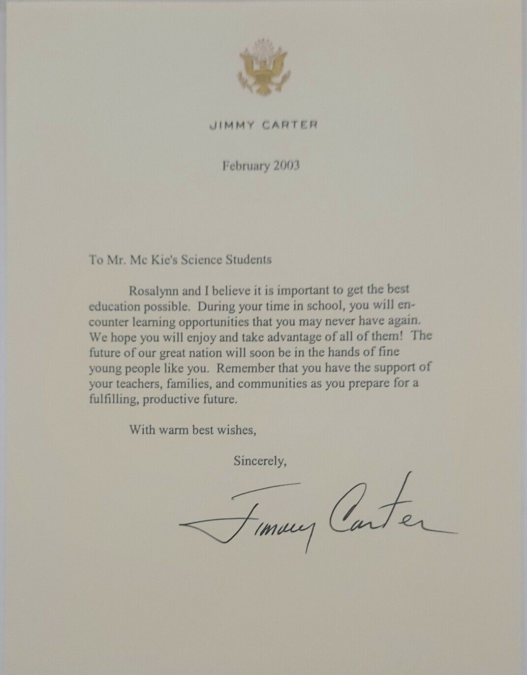President Jimmy Carter 2003 Signed Letter Rochester College