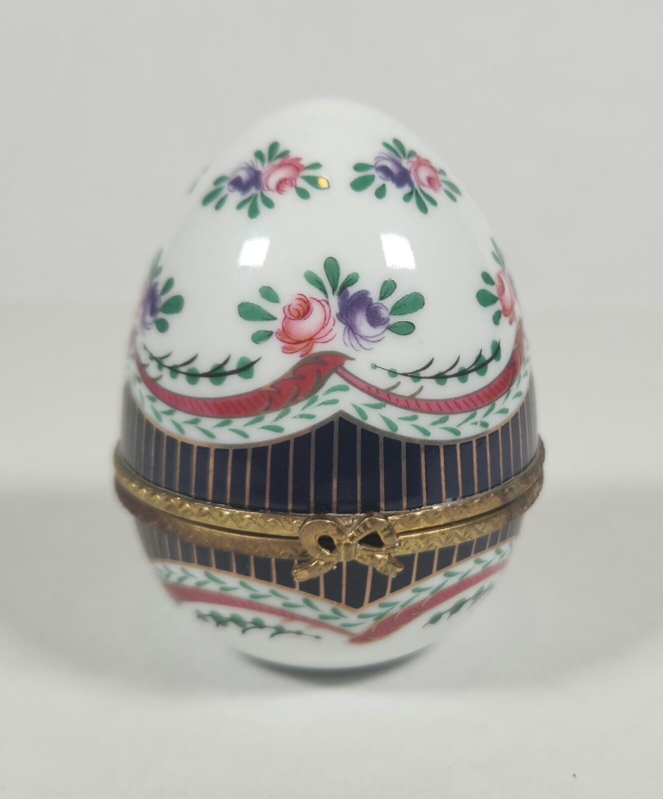 Vintage Flower Decorated Hinged Egg Porcelain Trinket Box