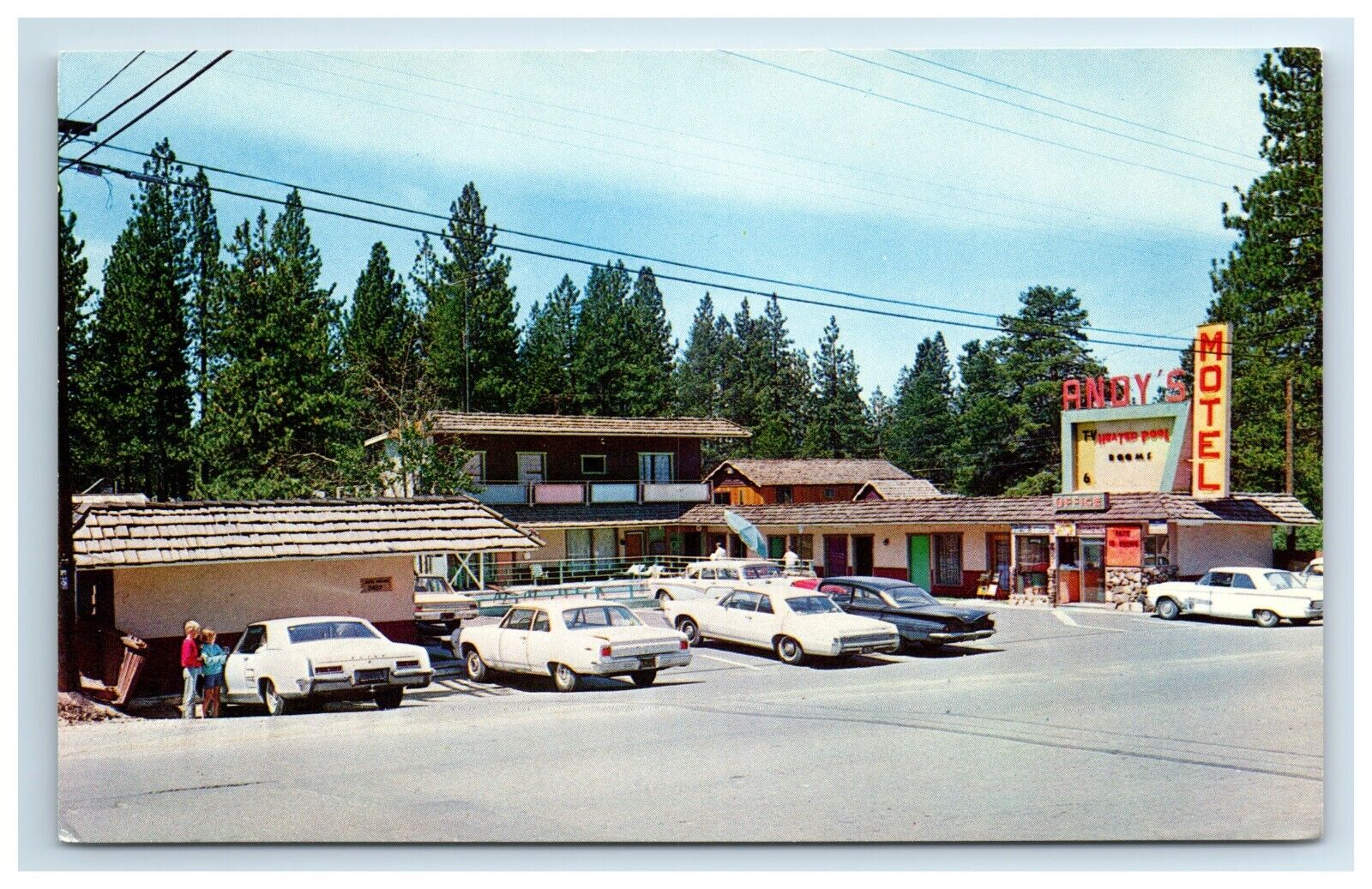 Postcard Andy\'s Deluxe Motel c1960s Old Cars Stateline Lake Tahoe California