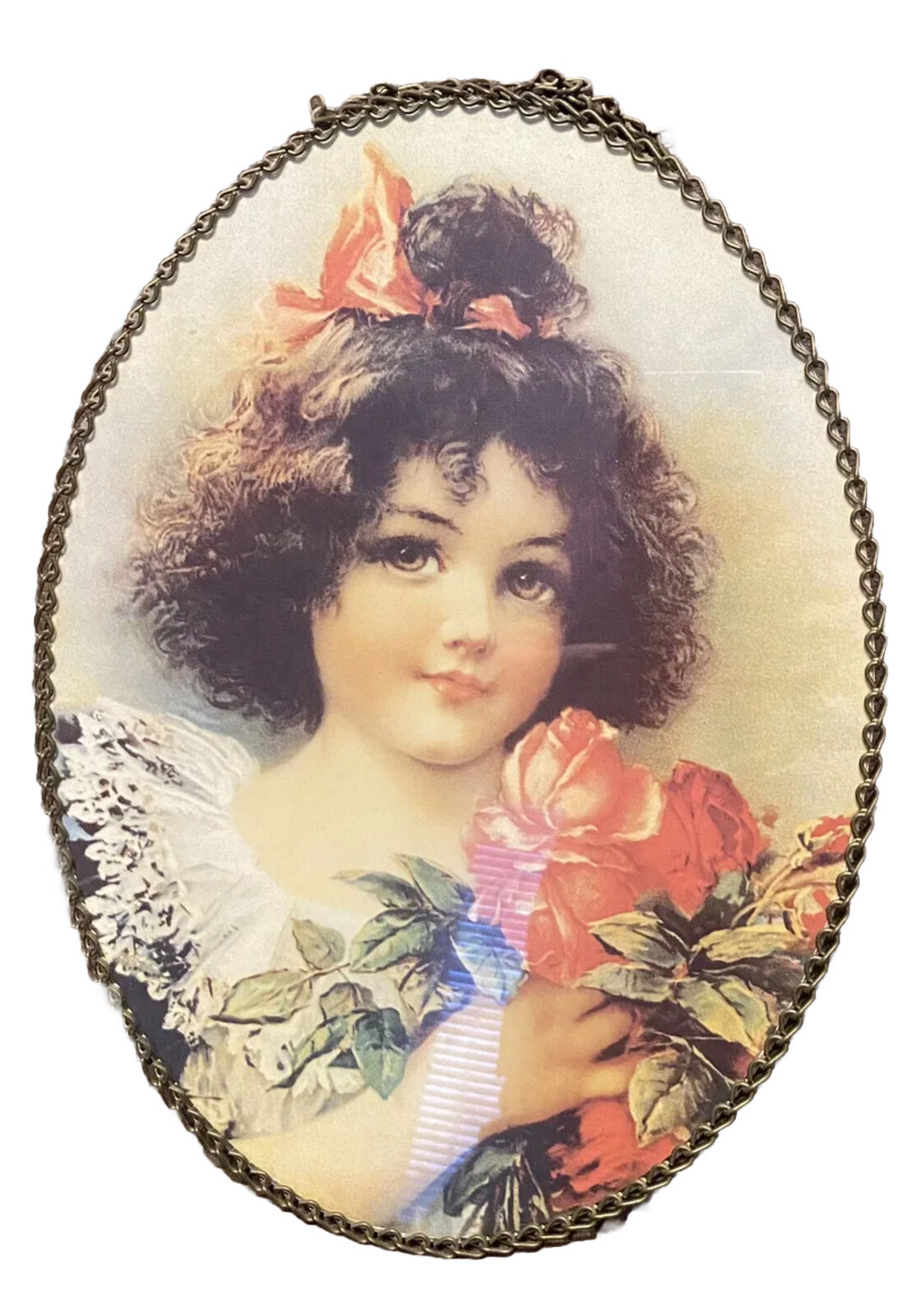 Vtg Victorian Girl Roses Oval Flue Cover Metal Border Floral Gallery Graphics