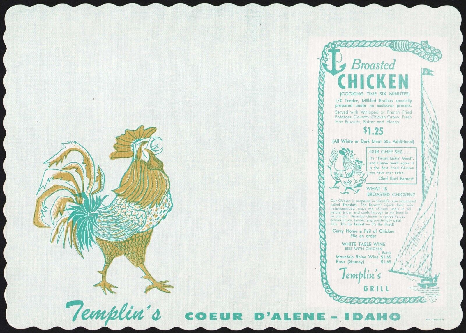 Vintage placemat TEMPLINS GRILL chicken pictured Coeur D\'Alene Idaho n-mint+