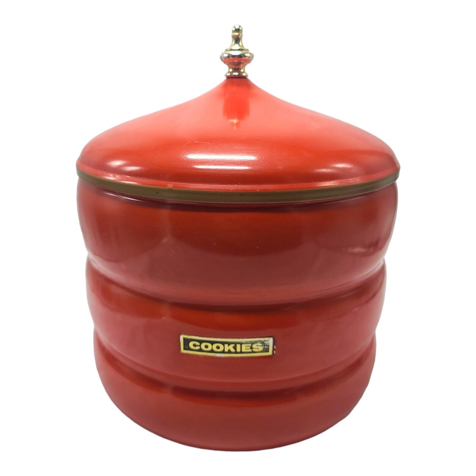Vintage MCM Lincoln Cookie Canister Red Orange Pagoda 10”