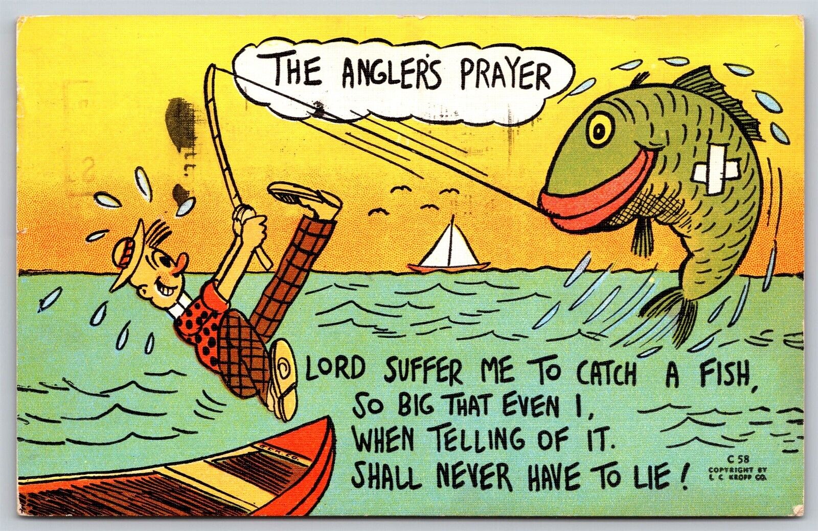 Postcard The Anglers Prayer Exaggerated Fish comic humor E39