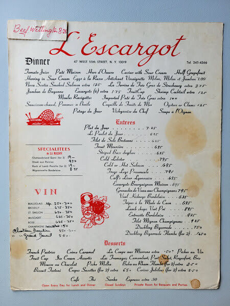 L\'Escargot French Restaurant 47 West 55th New York City Menu Original